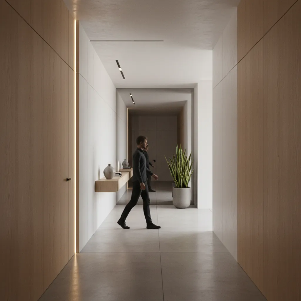 Smart lighting automation triggered by sensors in a modern hallway