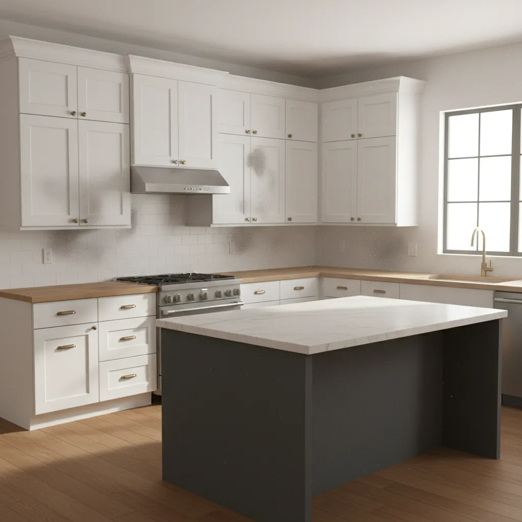 kitchen cabinets with visible smoke soot residue after house fire