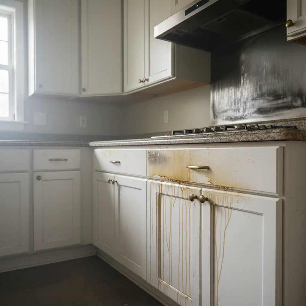 Kitchen cabinets covered in dark smoke residue after fire damage