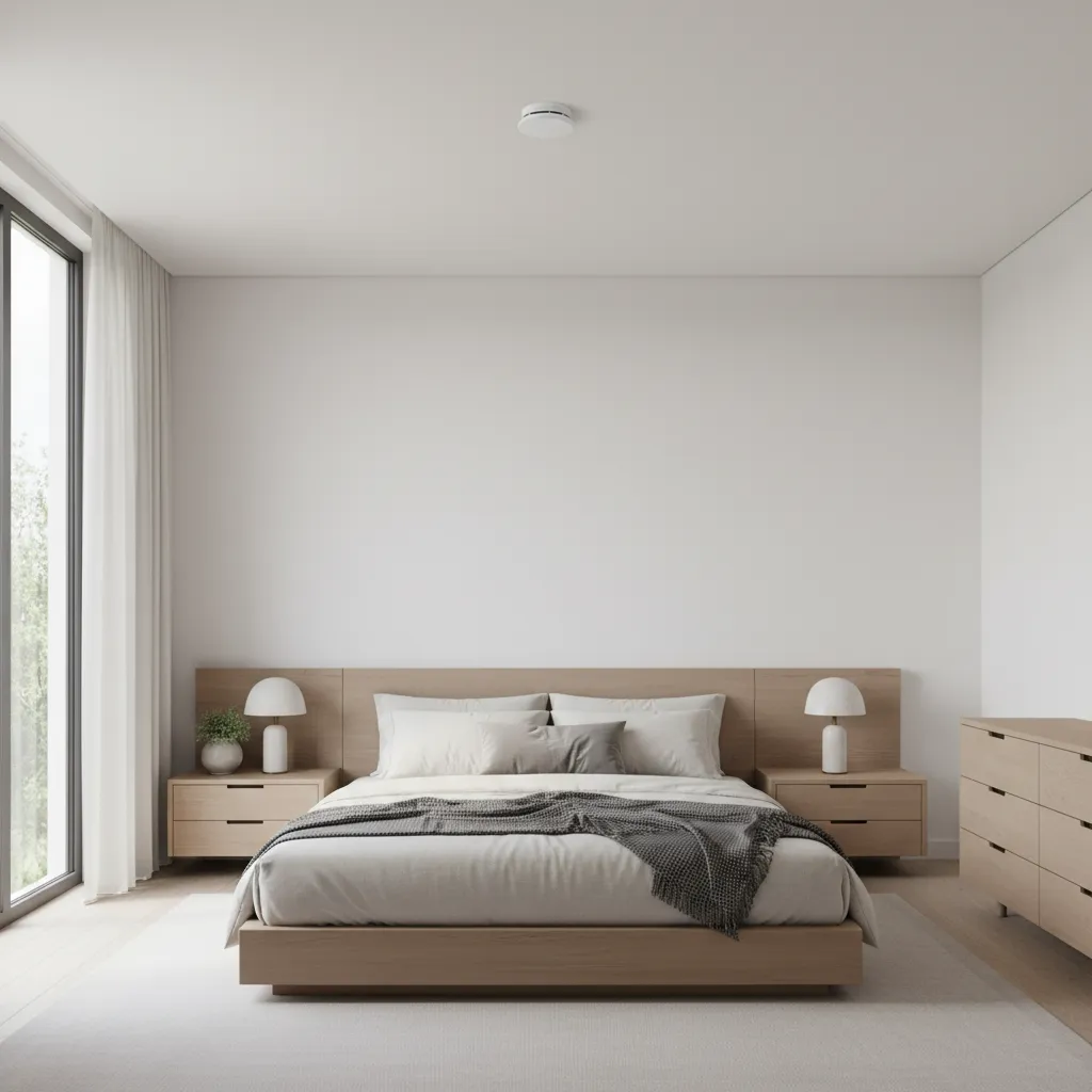 Smoke detector installed on bedroom ceiling in a modern home