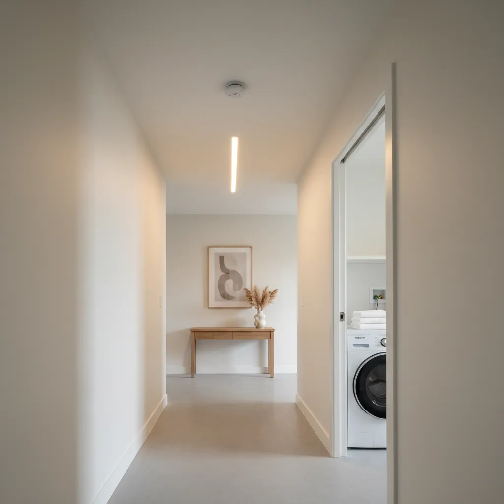 Hallway outside laundry room showing smoke detector placement