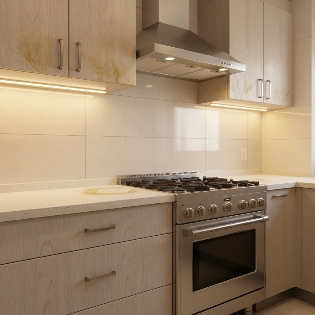 Kitchen cabinets showing visible smoke and grease buildup near stove