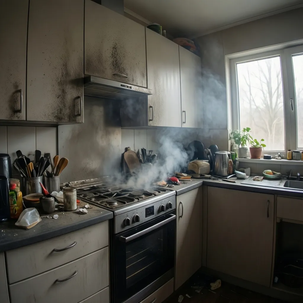 Kitchen cabinets with visible smoke residue near cooking area