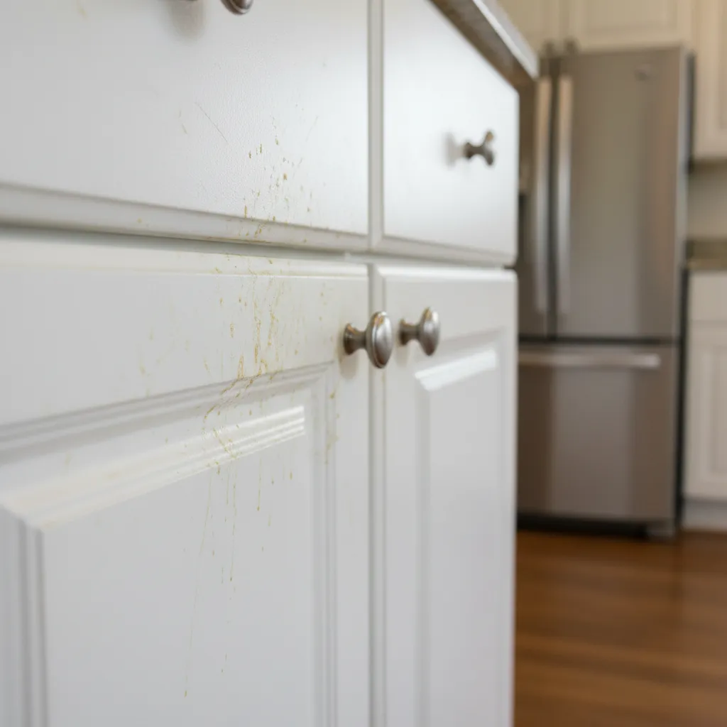 Close up of yellow smoke residue on white kitchen cabinets