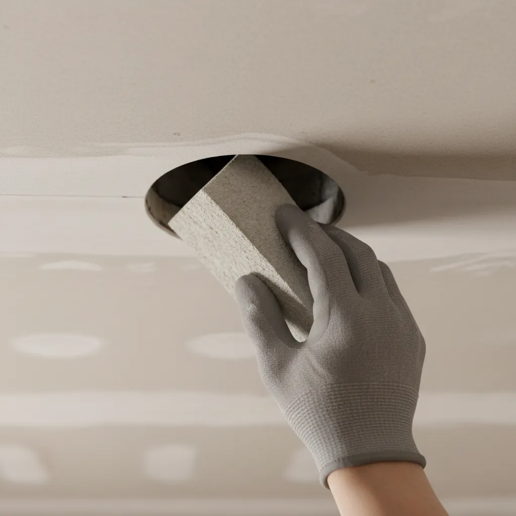 Sanding the edge of a drywall recessed light hole with a sanding sponge