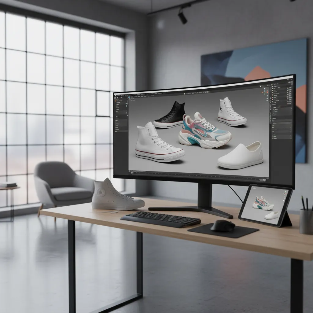 Different sneaker 3D model types displayed in a digital production workspace
