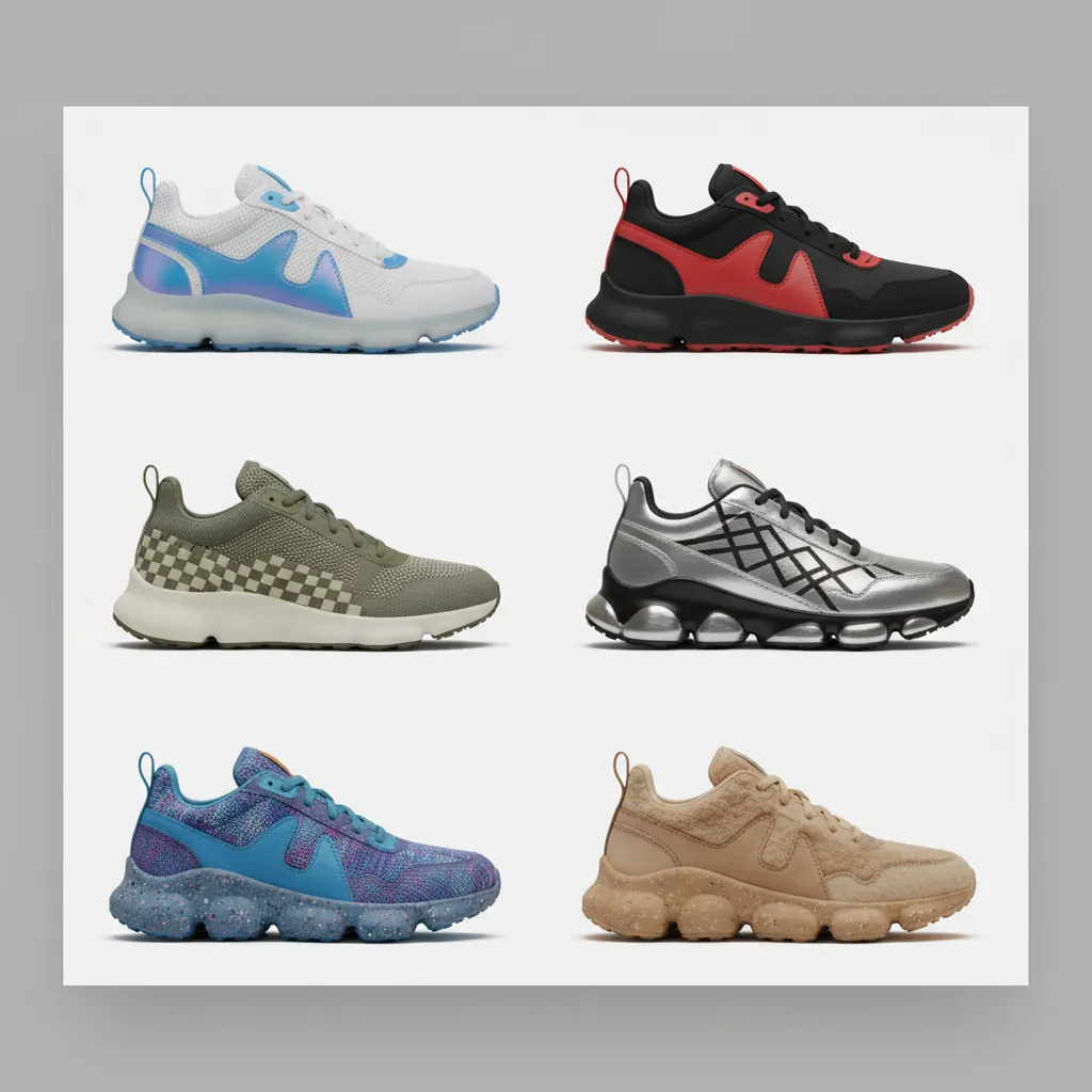 multiple sneaker colorway variations shown as 3D prototypes