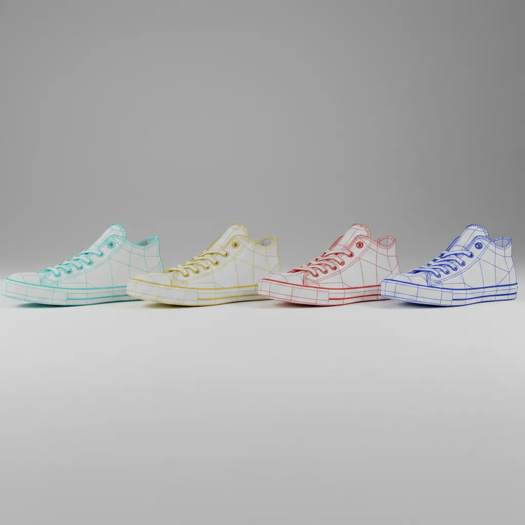 LOD levels for sneaker 3D model from high detail to low poly