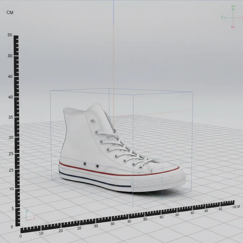 3D sneaker model next to measurement guides showing incorrect scale