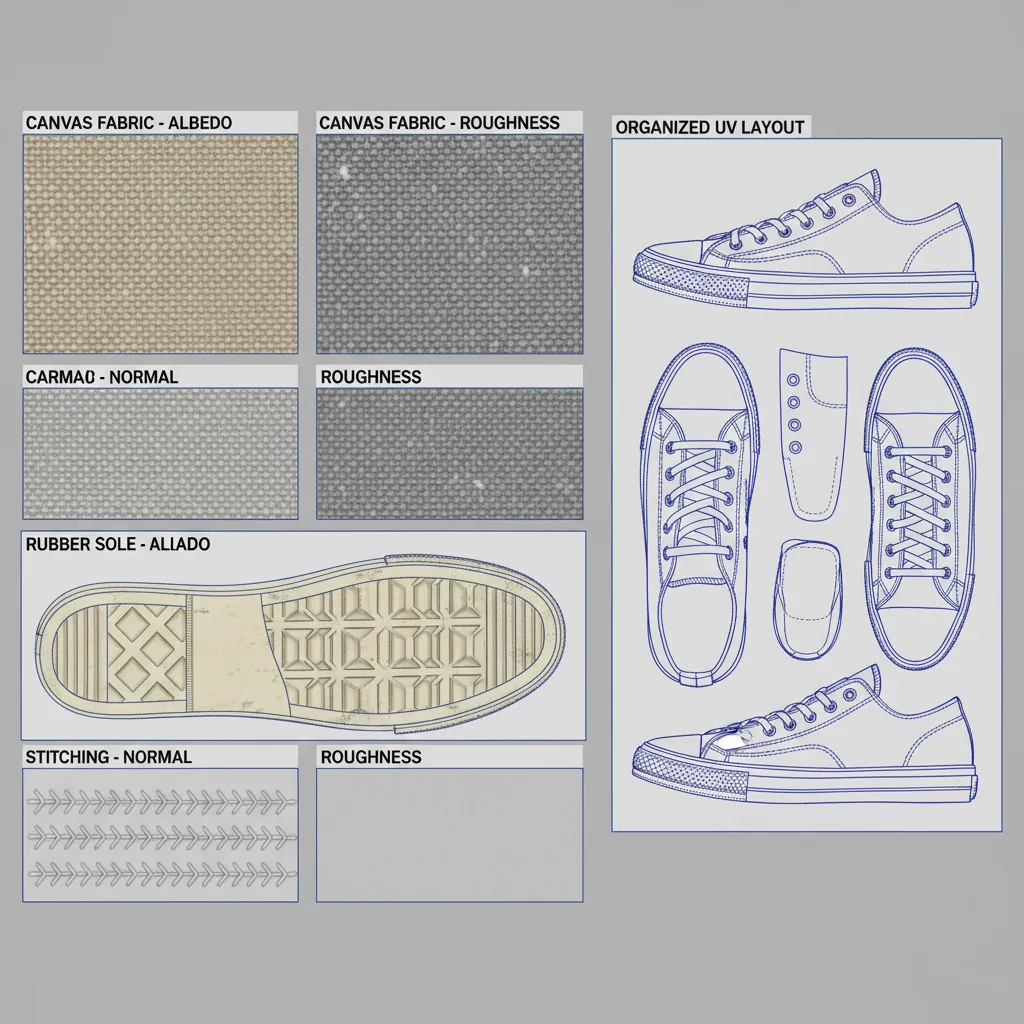 texture atlas for sneaker 3D model including normal and roughness maps