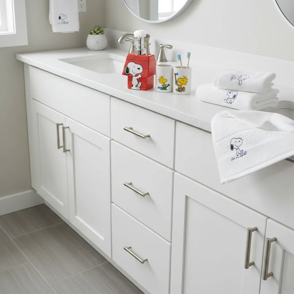 bathroom counter with snoopy soap dispenser towel and toothbrush holder