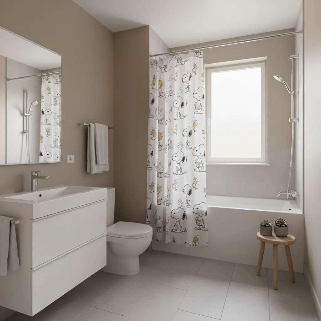 small bathroom with snoopy themed shower curtain as focal point