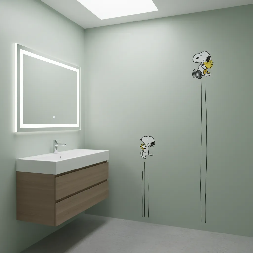 small bathroom wall with snoopy and woodstock decals climbing upward