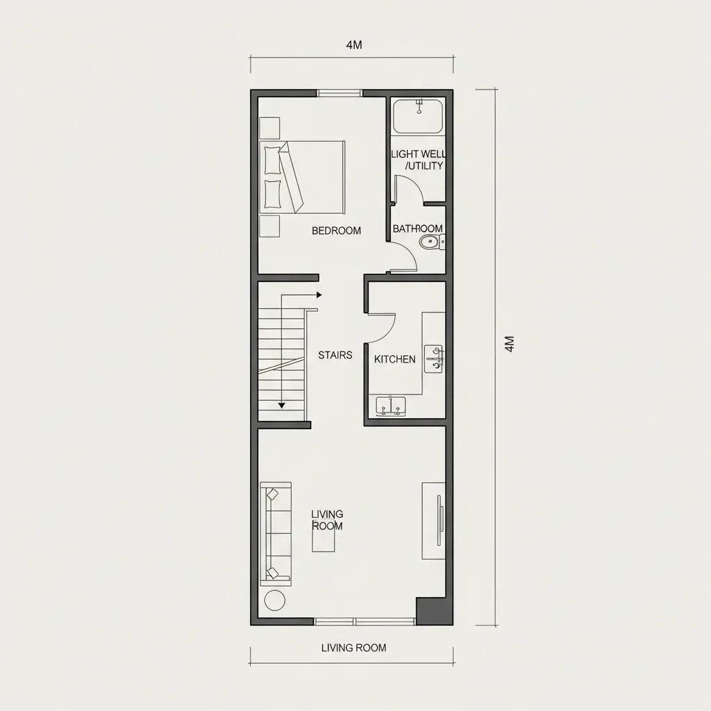 Sơ đồ bố trí mặt bằng nhà ống mặt tiền 4m