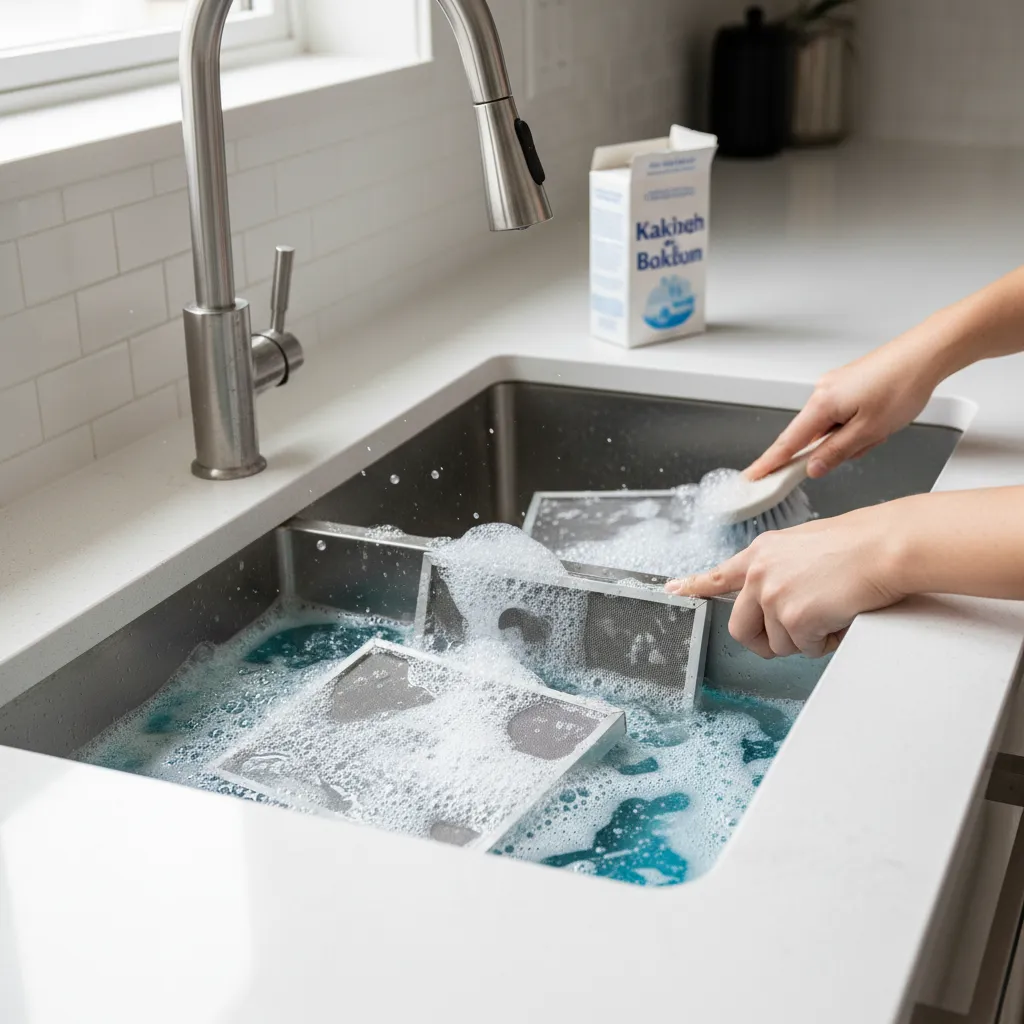 Metal chimney filters soaking in hot water with cleaning solution