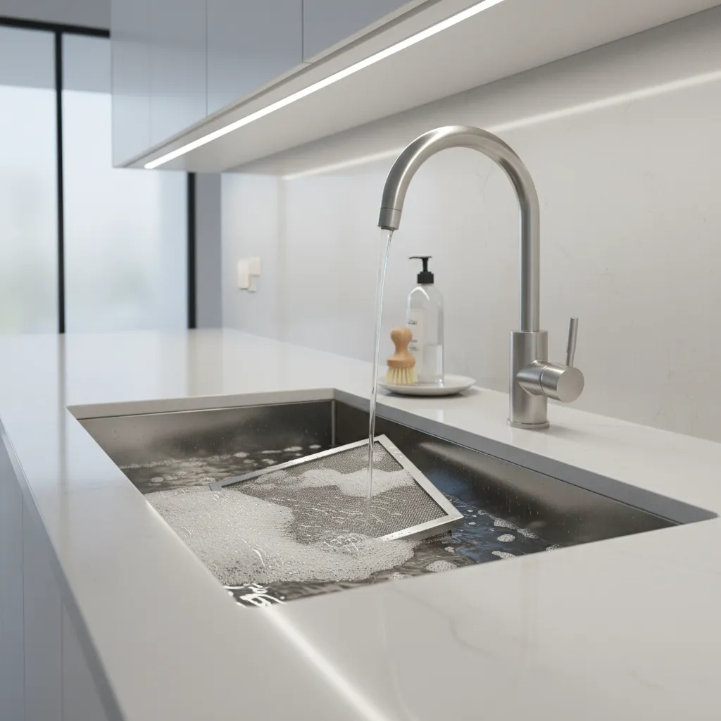 Range hood filter soaking in hot soapy water in kitchen sink