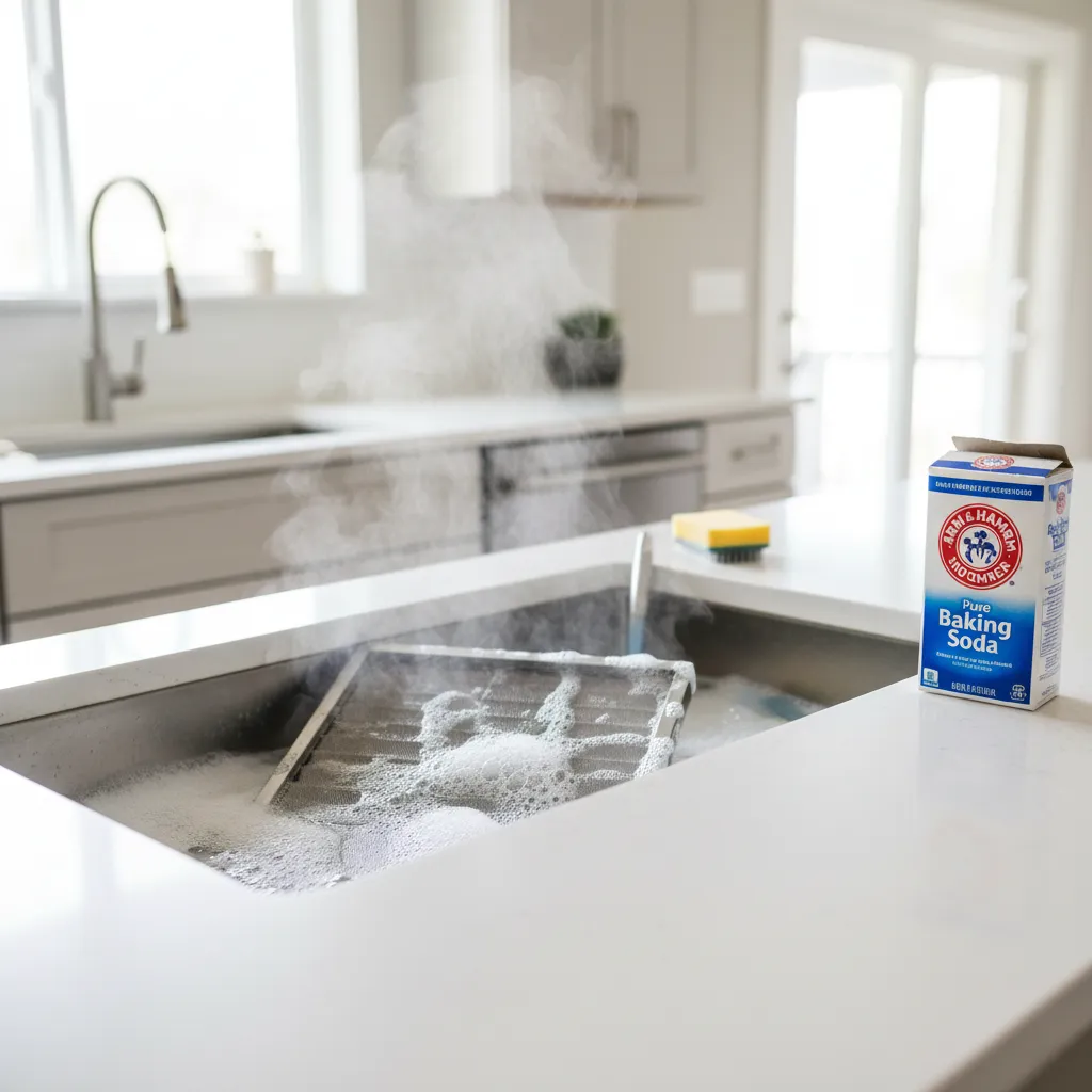 Metal range hood filter soaking in hot water with dish soap and baking soda