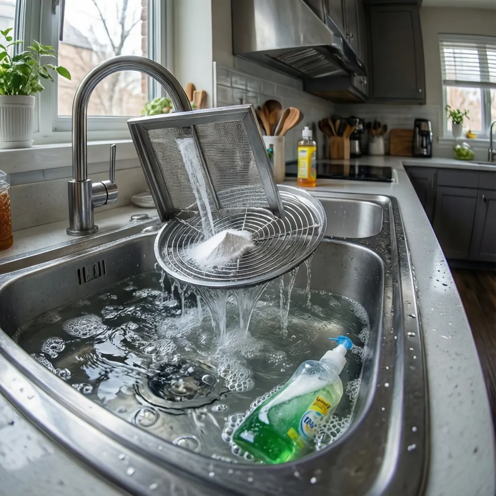 Range hood filter soaking in hot soapy water with baking soda for grease removal