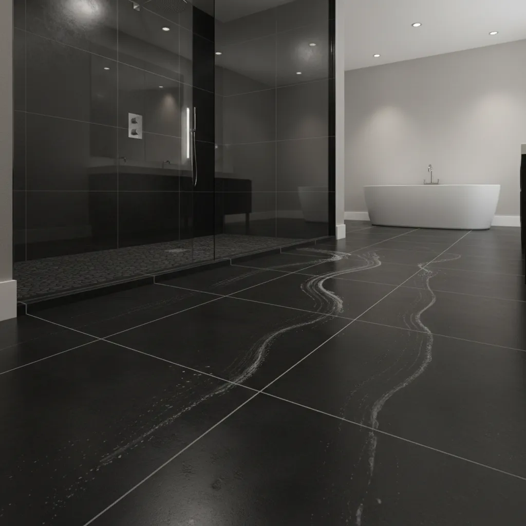 Soap residue streaks visible on a black bathroom tile floor