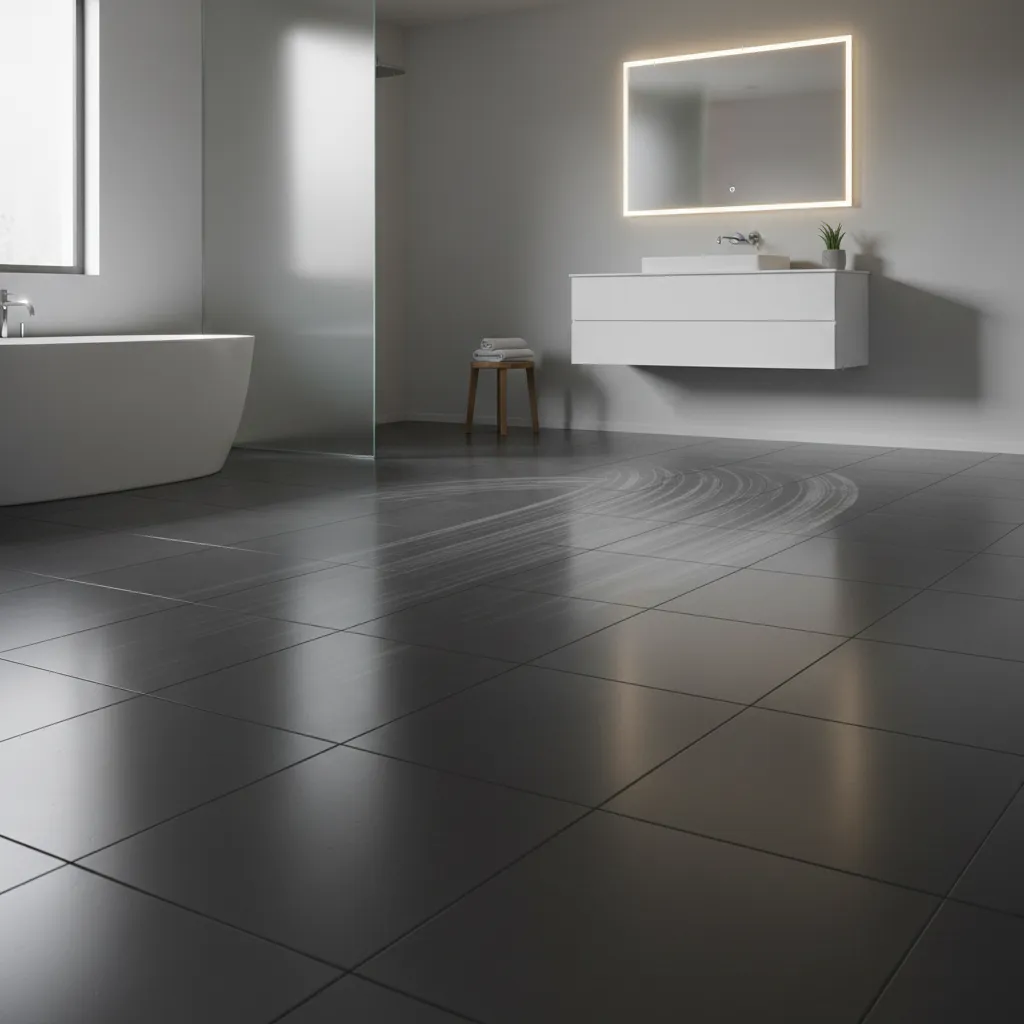Soap residue streaks visible on dark bathroom tile floor