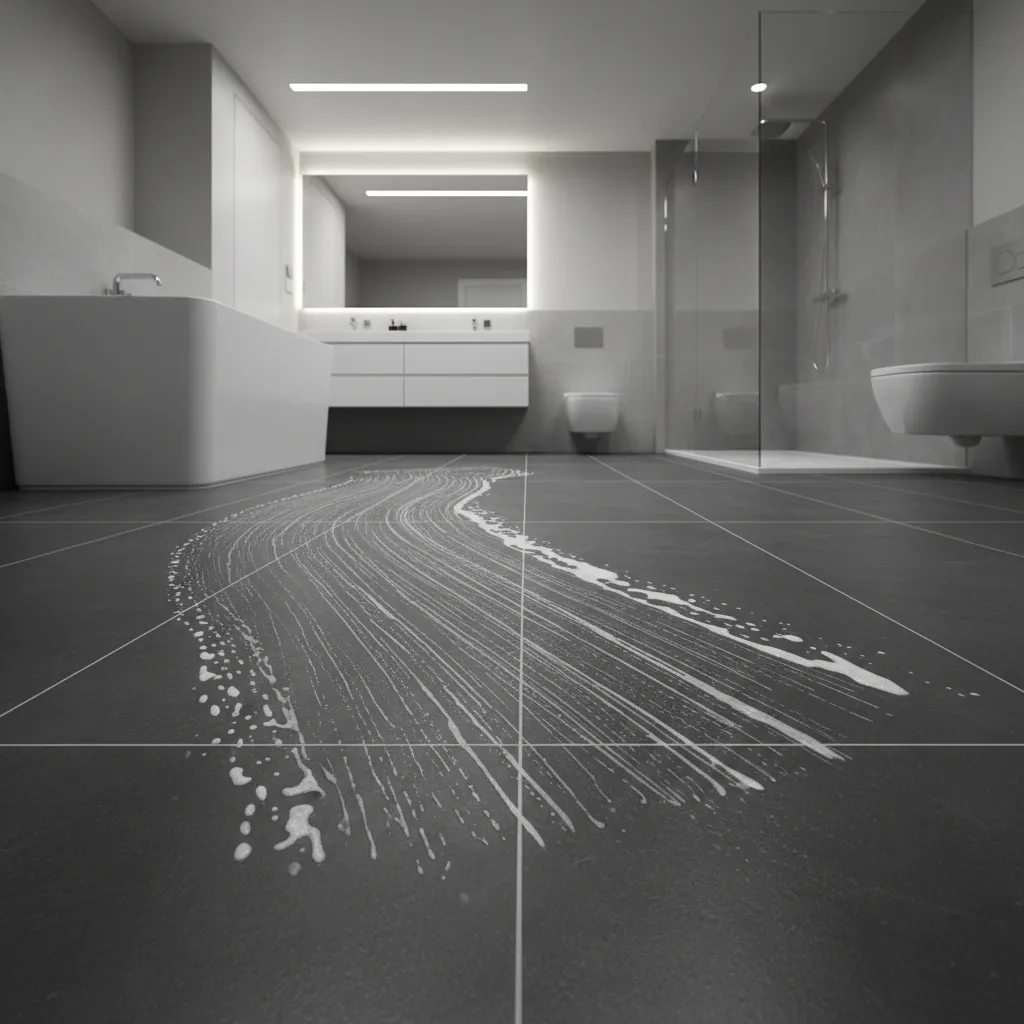 Dark bathroom floor tiles showing streaks caused by soap residue