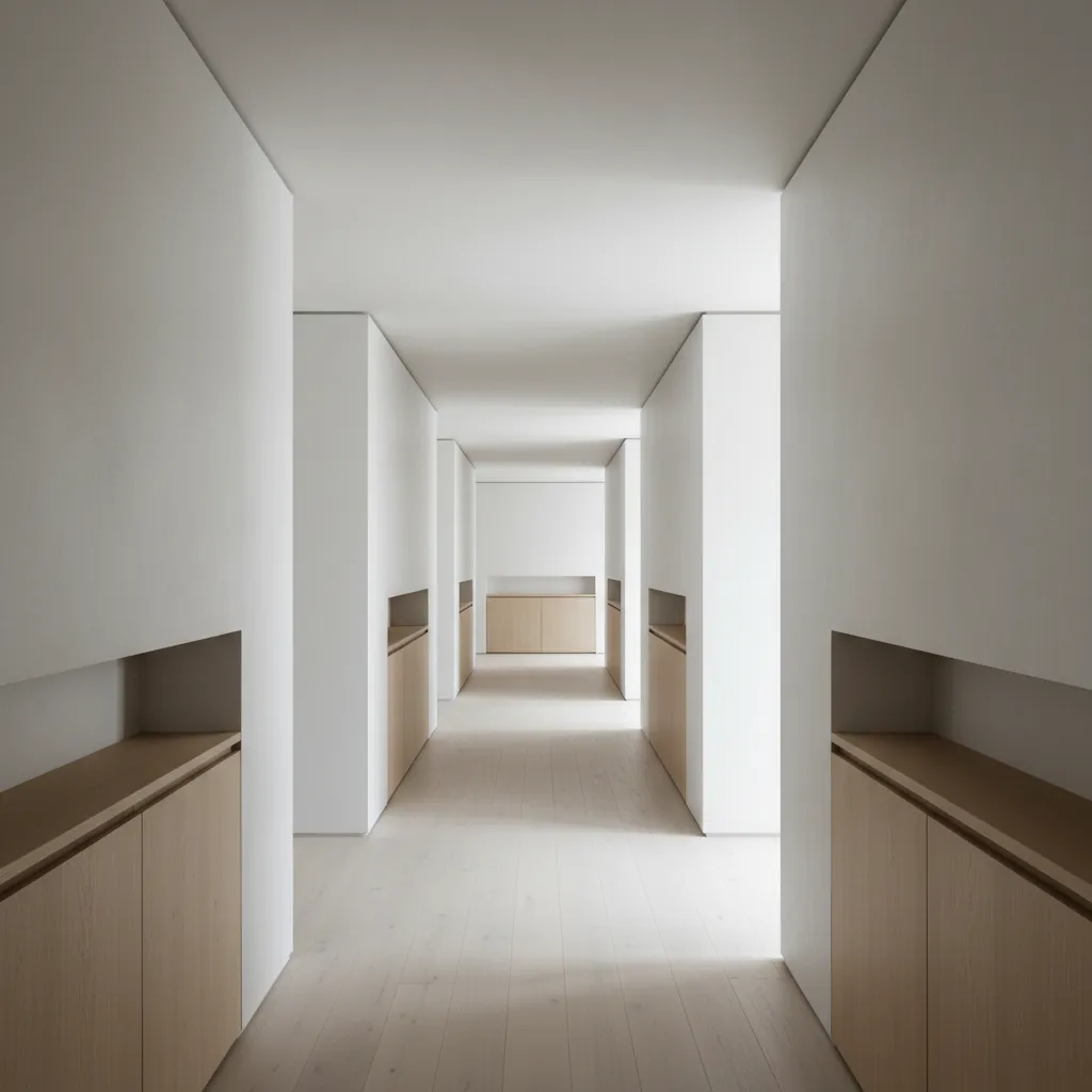 Minimalist white hallway interior design featuring wooden floor light cabinets and symmetrical wall niche storage spaces