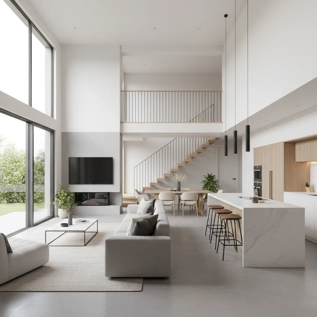 interior de casa moderna com sala e cozinha integradas no térreo