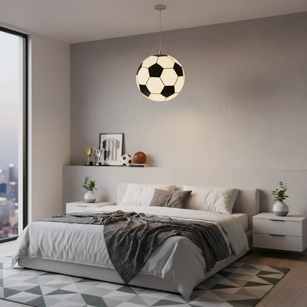 DIY soccer ball pendant lamp lighting a soccer themed bedroom