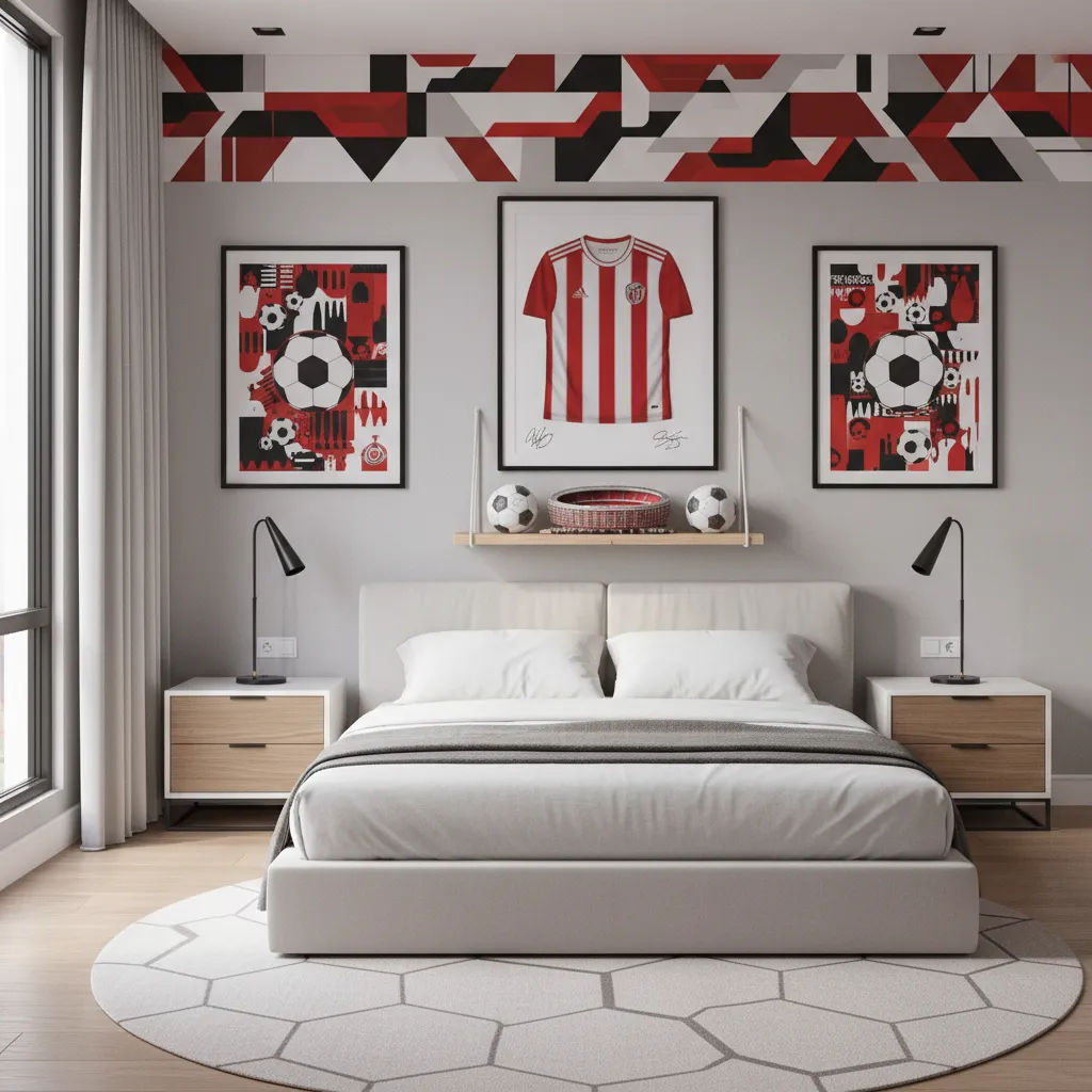 soccer themed bedroom wall art with framed jersey and soccer posters
