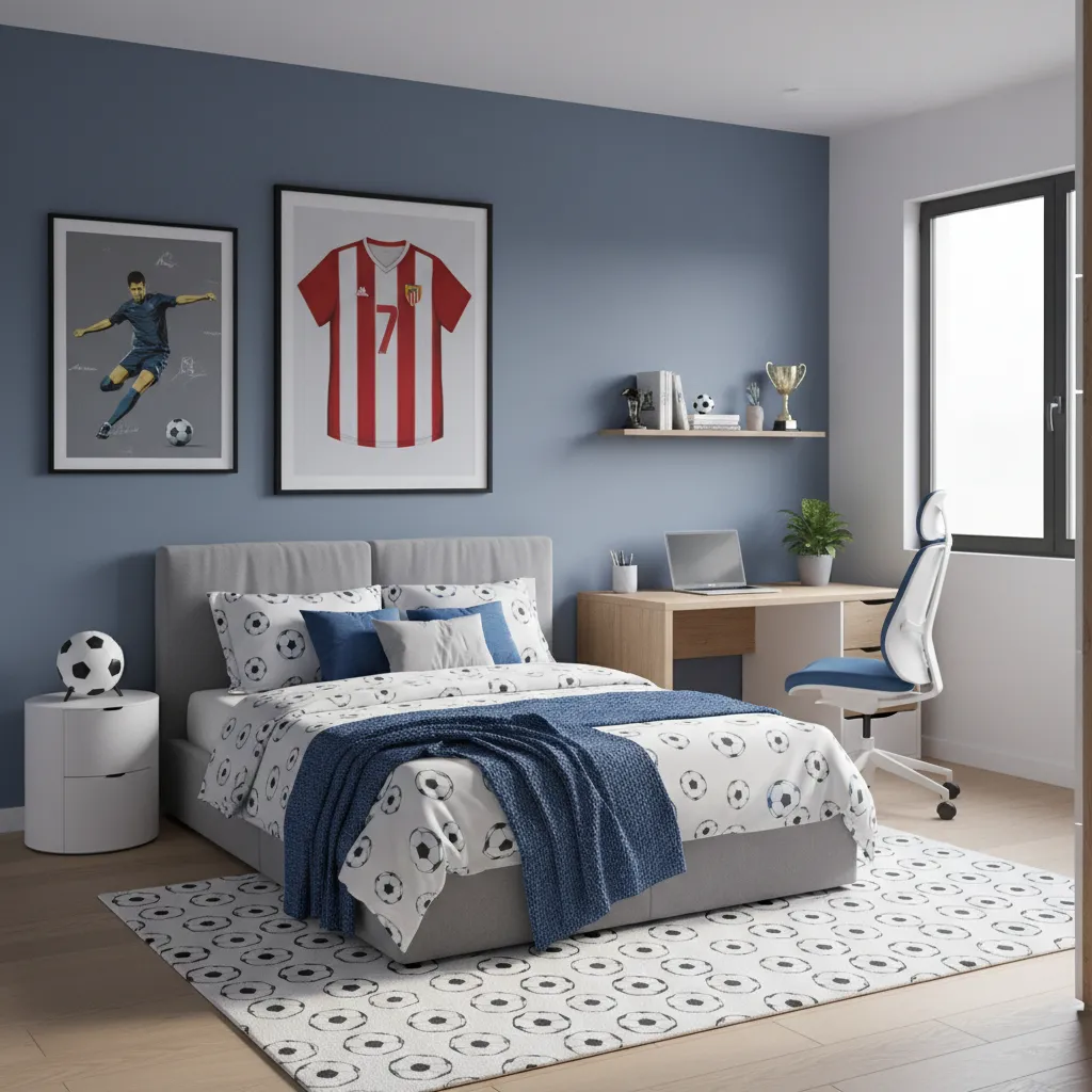 soccer themed bedroom layout showing feature wall and organized furniture zones
