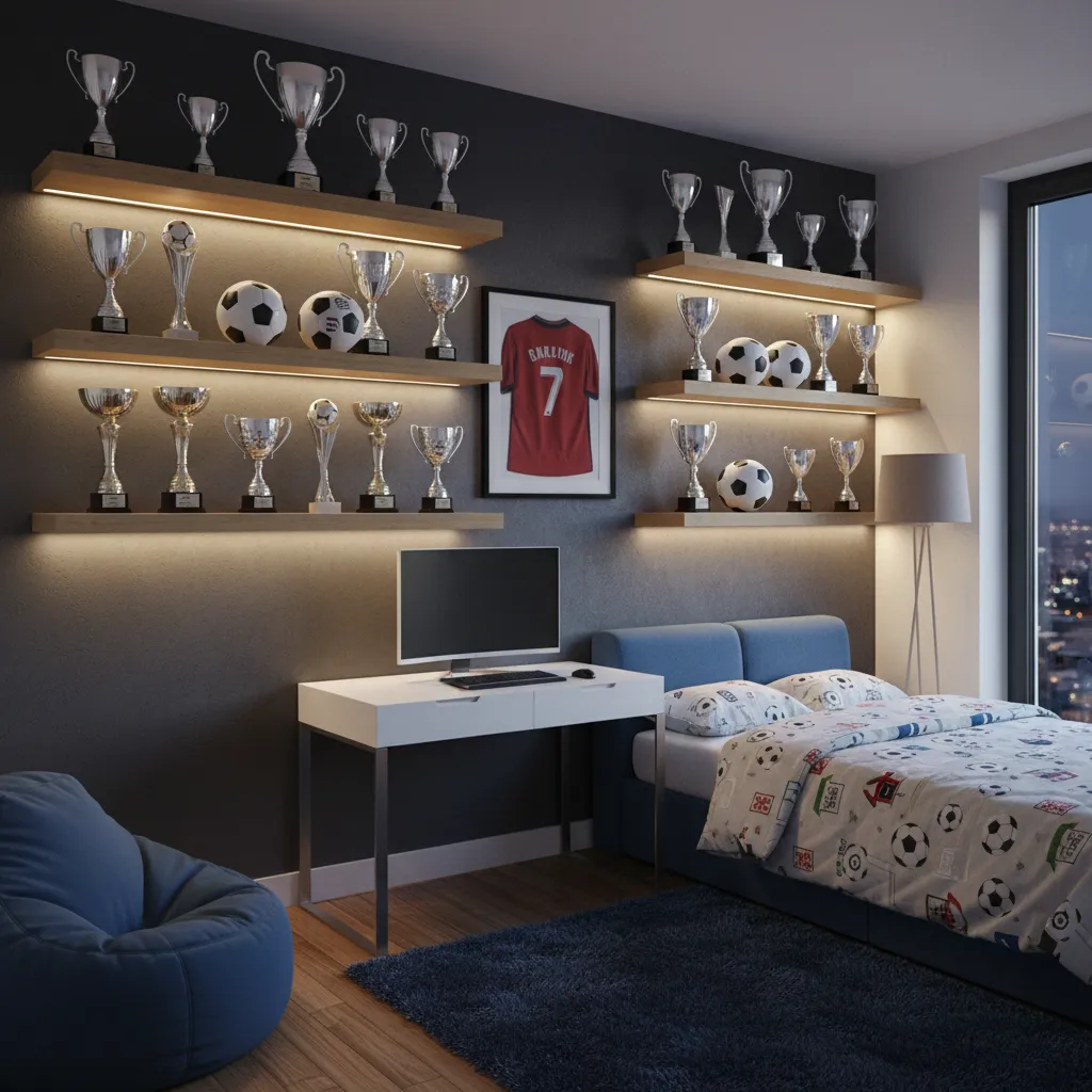 soccer bedroom shelves with trophies and LED lighting accents