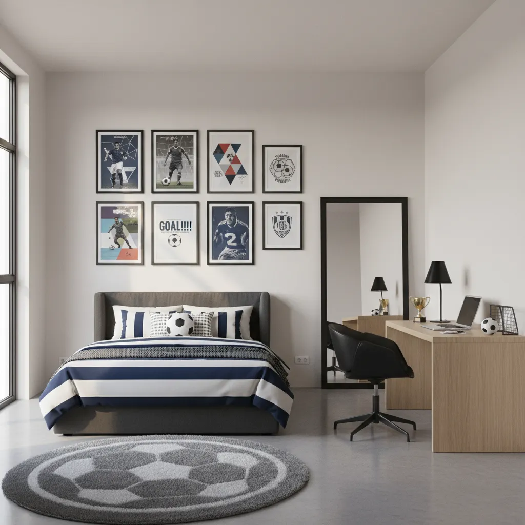 Teen bedroom wall with soccer posters arranged as a gallery wall