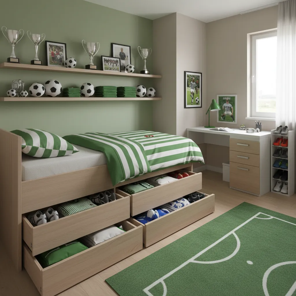 soccer bedroom storage with under bed drawers and gear organization