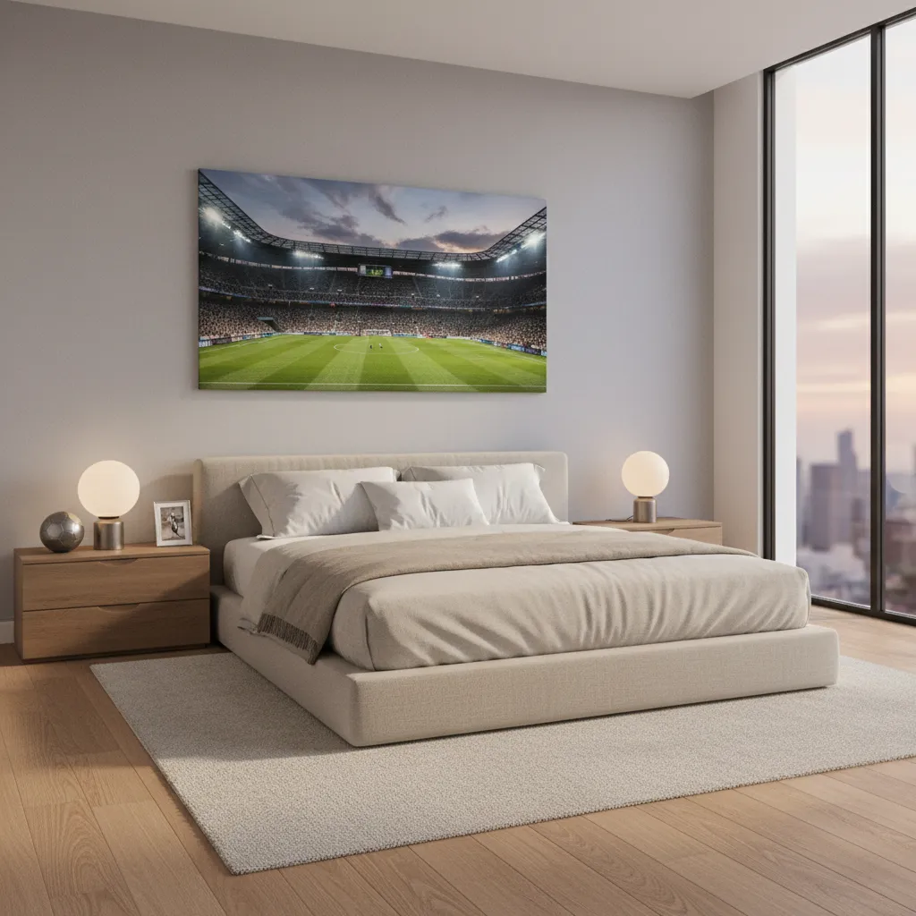 Bedroom with large soccer canvas print above bed