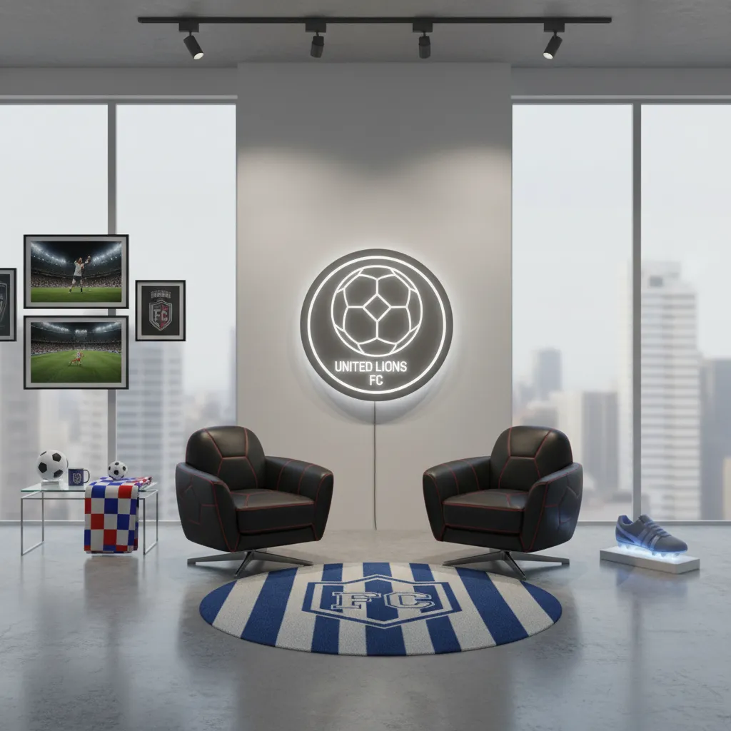 Collection of soccer themed decor products including chairs, lighting and wall art