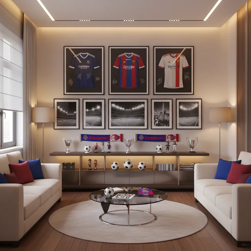 Soccer fan room wall with framed jerseys, stadium photos and club colors