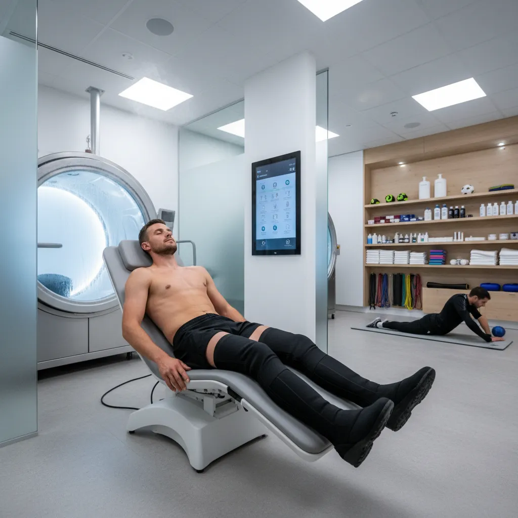 Soccer player using compression therapy after cold room recovery