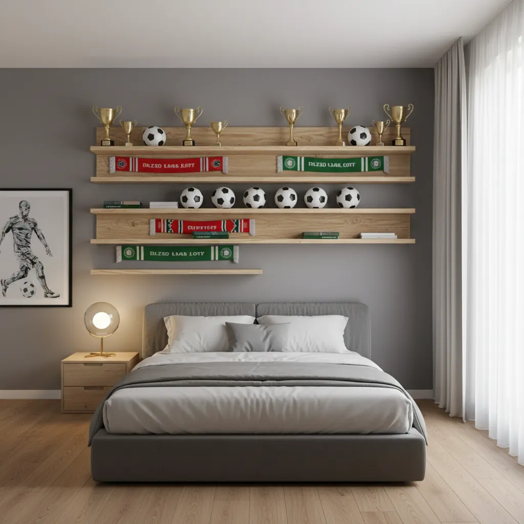 soccer memorabilia displayed on DIY floating shelves in bedroom