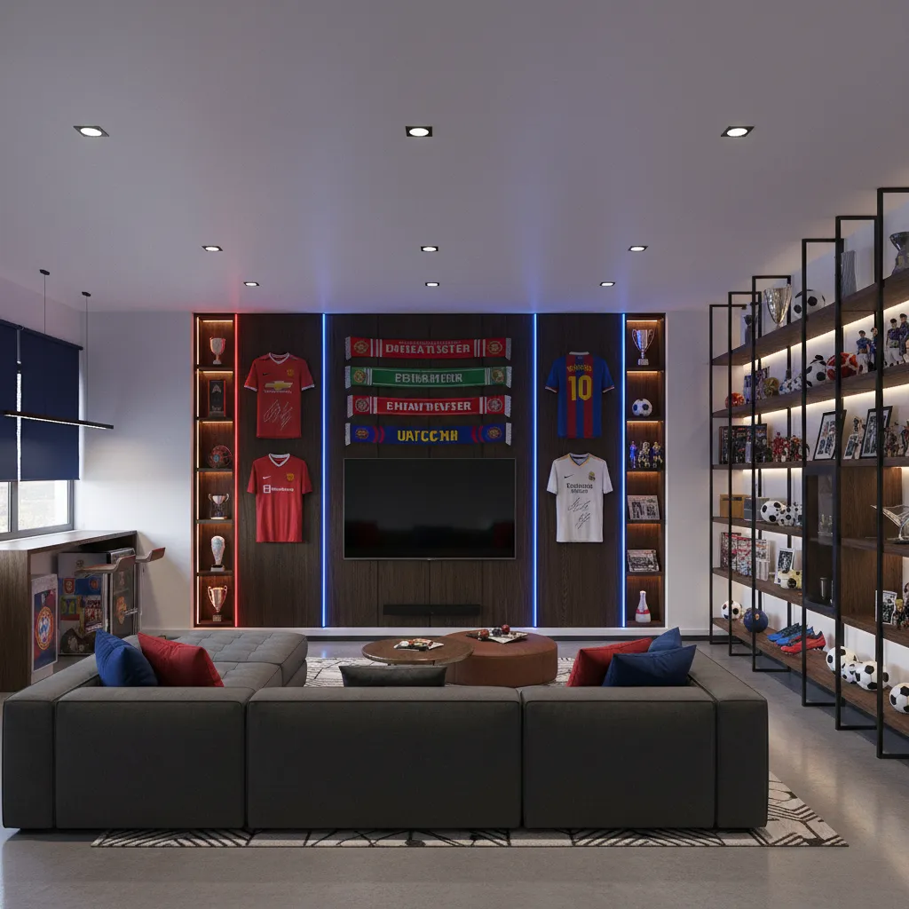 Soccer fan room layout with seating facing a large TV and memorabilia walls