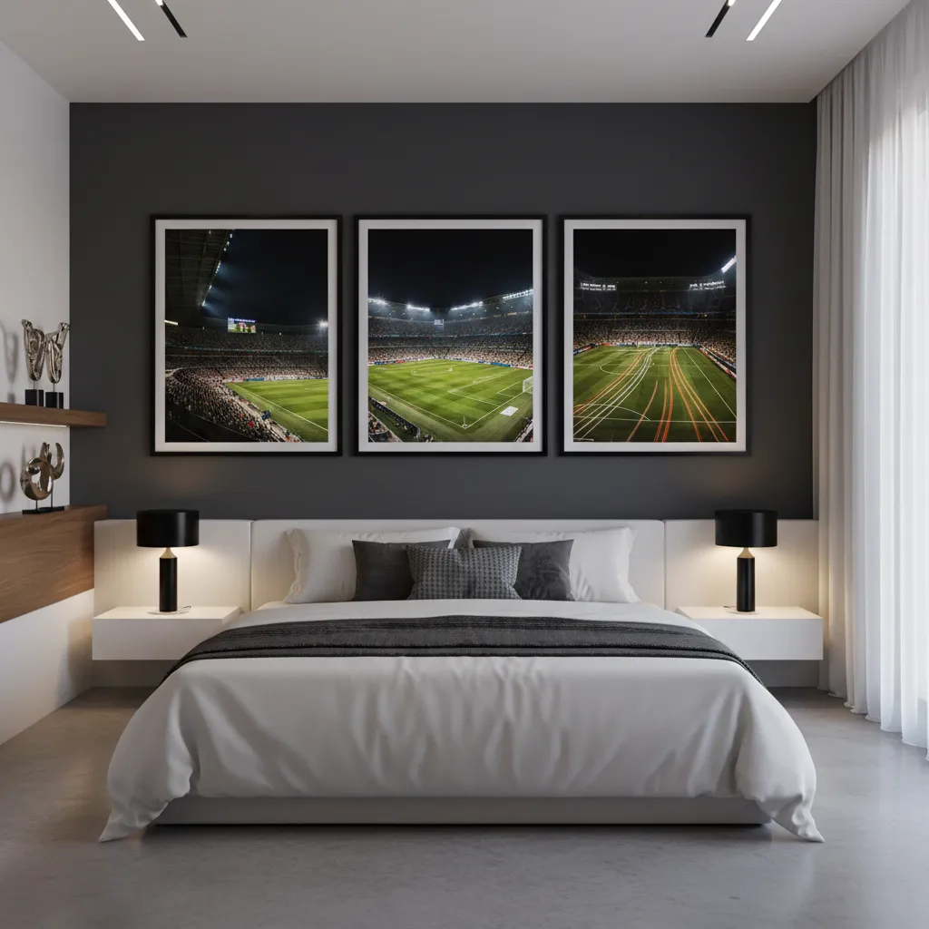 Framed soccer stadium photography in a modern bedroom