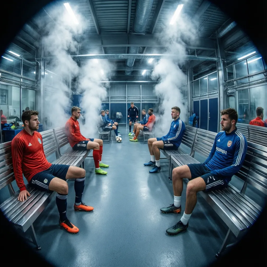 Soccer players using a cold recovery room after training