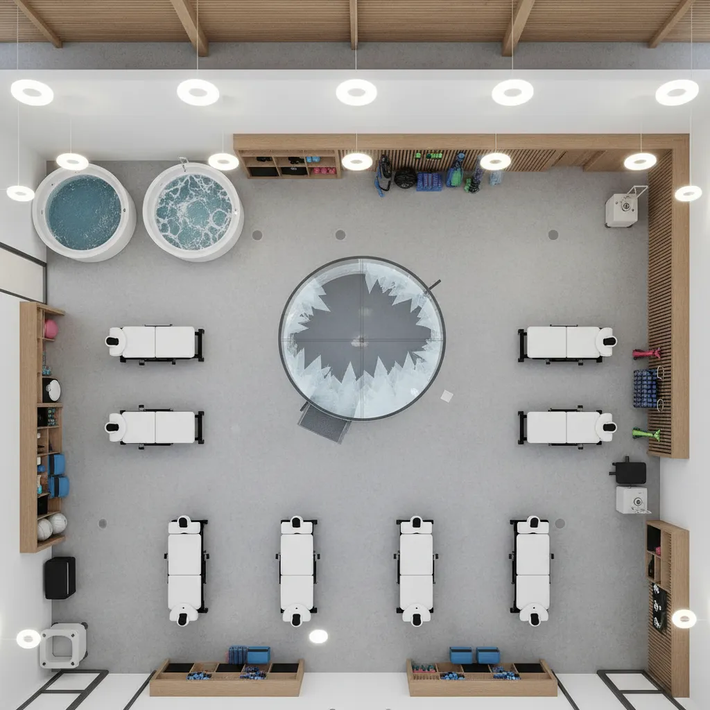 Soccer training center recovery area layout with cold room and therapy spaces