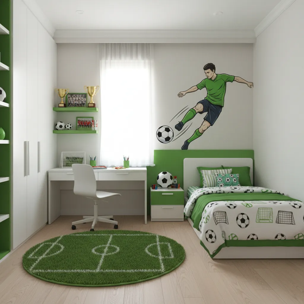 Kids bedroom with large soccer player wall decal