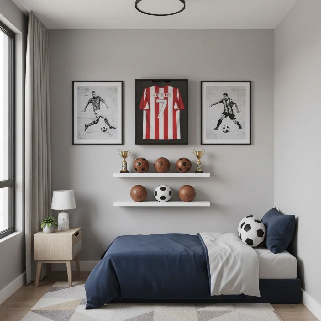 soccer wall decor with framed jersey and posters in small bedroom