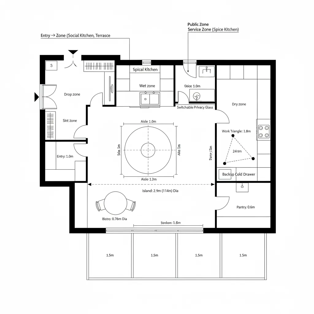 Garden-Facing Social Kitchen + Enclosed Spice Kitchen