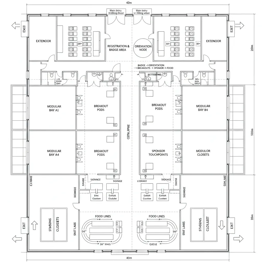 Central spine conference plan with modular bays and food lines