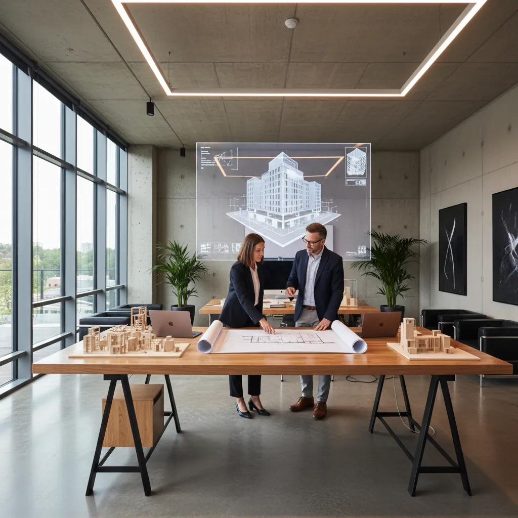 Two designers standing at table reviewing floor plans with a large interior design drawing screen