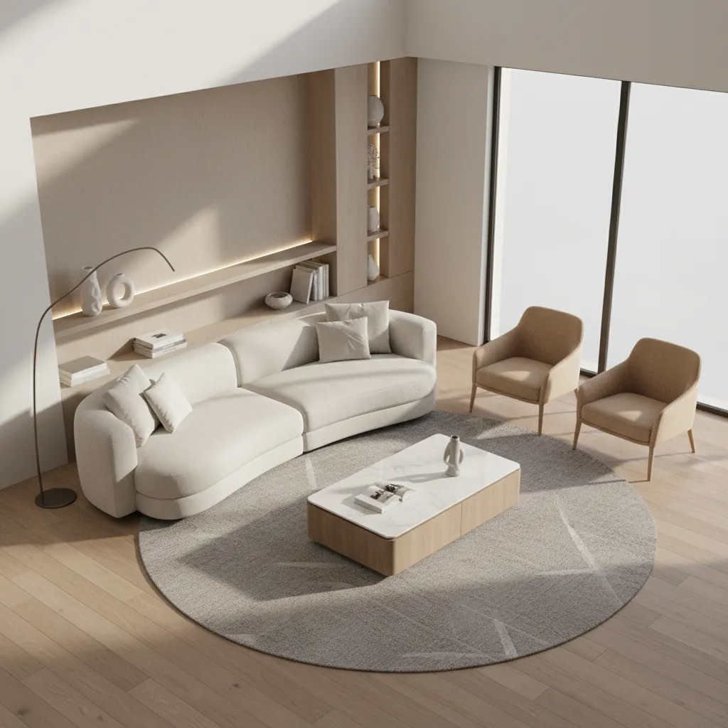 Interior layout render showing a single sofa 3D model placed within a living room design layout