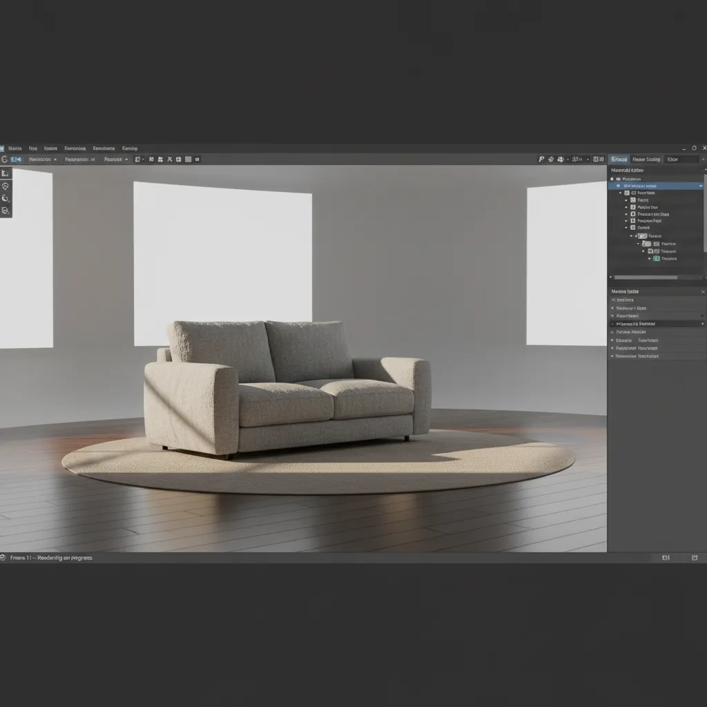3D rendering software preview showing sofa model inside rendering engine scene