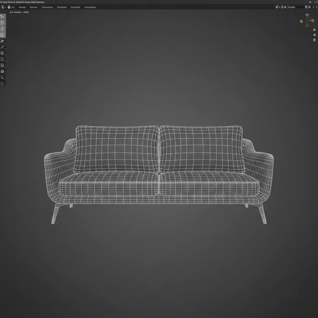 wireframe view of sofa 3D model showing polygon structure